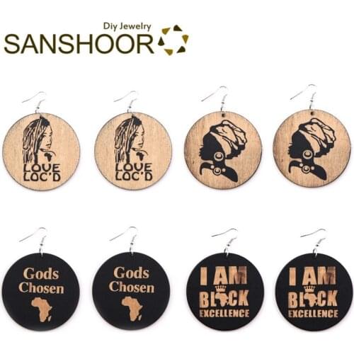 SANSHOOR Craved AFRO Natural Wood Earrings African Love LOC'D Black Excellence Tribe Ethnic Jewelry As Christmas Gifts 8Pairs