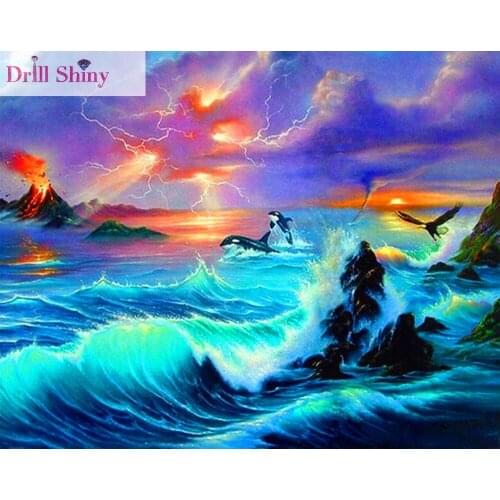 5D DIY Diamond Painting Round Full Mosaic Rhinestone Jumping Dolphin Embroidery Landscape Painting Cross Stitch Room Decor