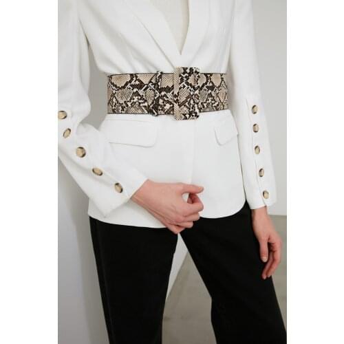 Beige Snake Pattern Leather Look Buckled Waist Belt Wide Long Belt Personality Women New Fashion Tide All-match Spring Autumn