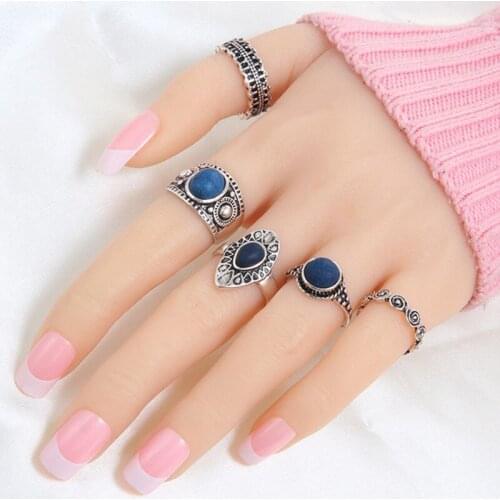 Bohemian Vintage Auspicious clouds Blue Crystal Rings 5pcs/set circle Midi Rings Set of Rings for Women Party Birthday Gift