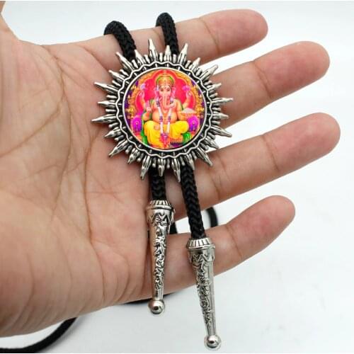 BOLO-0082 New Arrival Hindu God Ganesha Bolo Tie Trendy Lord Ganesha Hindu Gods Glass Dome Slide Vintage Bolo Ties Wholesale