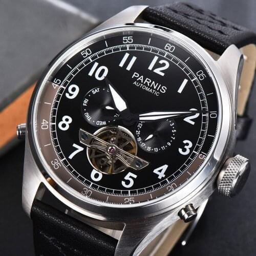 Parnis 48mm Mens Watch Black Dial Automatic Leather Strap Calendar Week Display Skeleton Tourbillon Mechanical Wristwatch Men