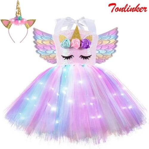 Girls Christmas Halloween Unicorn Sequins Costume Glow Dress Kids Rainbow Mesh Flower Tutu Party Dresses Princess Cosplay Dress