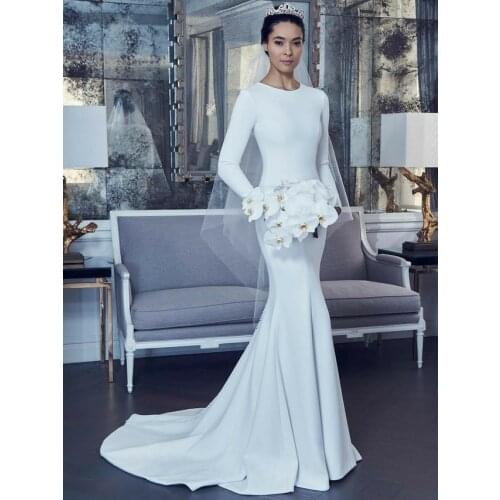 Elegant A-Line O-Neck Long Sleeve Satin Wedding Dresses Pleated White Sweep Train Mermaid Bridal Gowns for Women