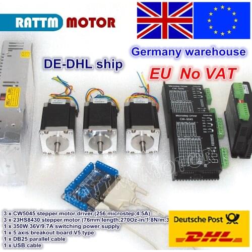 EU free VAT 3 Axis CNC controller kit NEMA23 270oz-in stepper motor & CW5045 driver 256 microstep 4.5A & 350W 36V power supply