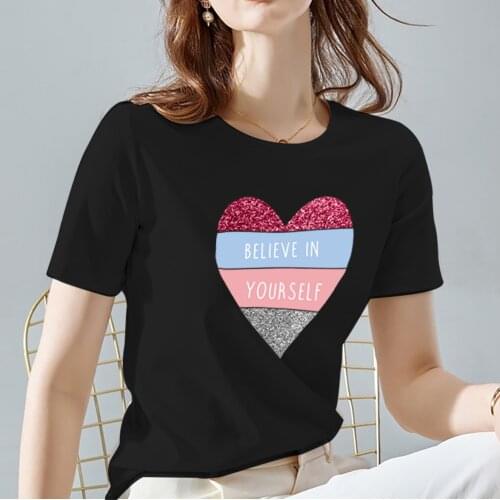 T-shirts Women Female Casual O-neck Tops Tee Love Heart Pattern Printing Series Tshirt High Quality Soft Black Lady Short Sleeve