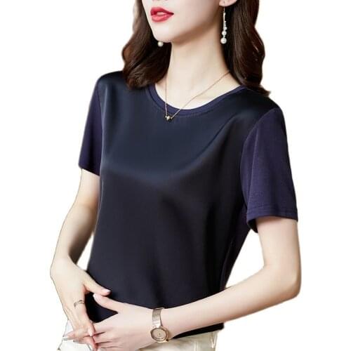 Summer Korean Fashion Silk T-shirts for Women Vintage Satin Tops for Women Short Sleeves Loose Office Lady Shirts