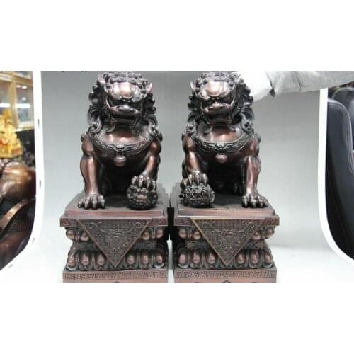 China Red Bronze Copper Evil Guardian Palace Door Foo dog Lion beast statue Pair