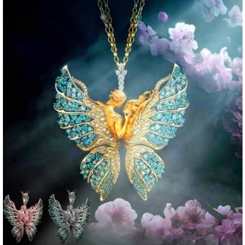 3 Colors Butterfly Wings Pendant Necklace Fashion Men Women Angel Wings Inlaid Character Necklace Sweater Chain Couple Jewelry