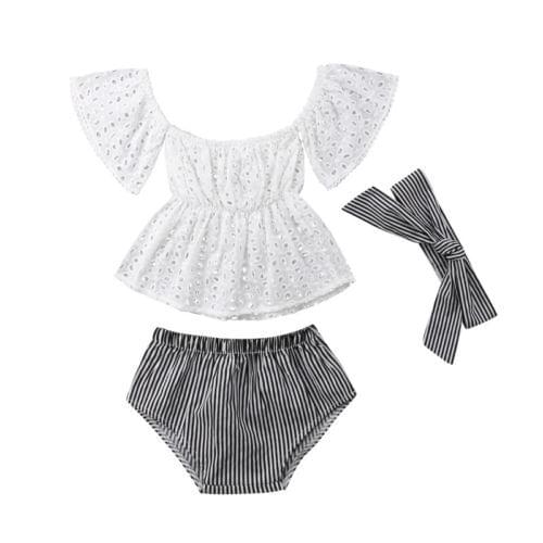 Baby Girl Off Shoulder Lace Tops Stripe Shorts Briefs 3pcs Outfit Clothes Summer Size 0-24M