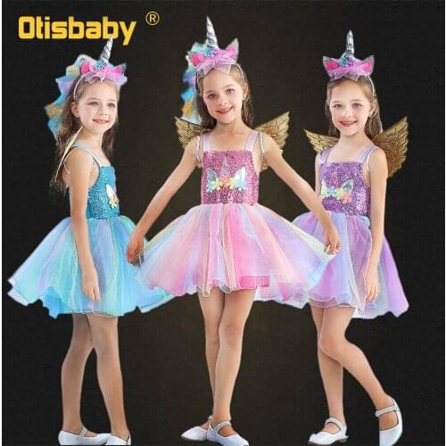 Summer Cute Girls Rainbow Tutu dress + Wing + Unicorn Headband Bebe Pink Halloween Unicorn Costume Kids Christmas Horse Clothes