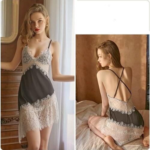 Silk Women Lingerie Patchwork Lace Nightgowns Backless Nighties Satin Nightdress Sexy Hot Erotic Bridesmaids Flower Sleepshirts