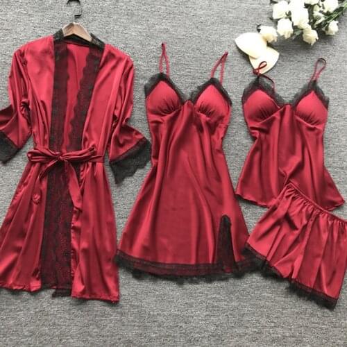 Women Pajamas Sets Satin Sleepwear Silk 4 Pieces Nightwear Pyjama Sleep Lounge Pijama with Chest Pads Spaghetti Strap Lace