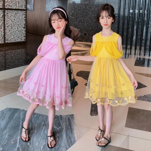 Teen Girls Dress Elegant Off Shouler Butterfly Mesh New Summer Korean Style Child Pink Blue Yellow Color Chiffon Dress Costumes