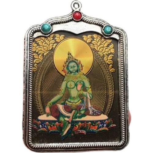Tibetan silver inlaid Green Tara Tangka Buddha Pendant for men and women