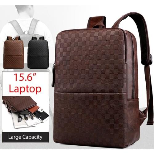 JCHENSJ 15.6" Laptop School Backpack Bags For Men PU Leather Plaid Travel Working Mens Backpack College Student Bagpack