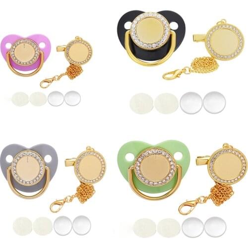 10 Colors Blank Sublimation Baby Pacifier Rhinestone Dummy Clips Chain Gold Bling Pacifier Infant Nipple for Baby Gifts