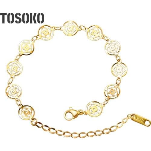 TOSOKO Roman Hollow Flower Stainless Steel Jewelry Temperament Bracelet For Women Anime Womens Bracelets BSE089