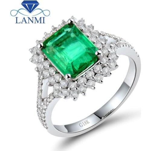 Natural Diamond Flower Green Emerald Wedding Ring Design Solid 18K White Gold Diamond Gemstone Jewelry for Women Christmas Gift