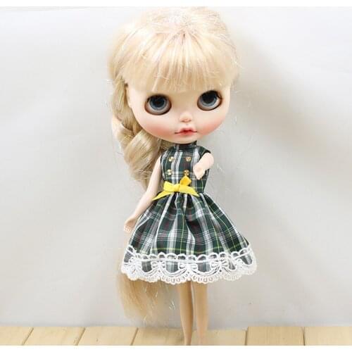 Green Checked Sleeveless Bowknot Dress w/Lace for 12'' Blythe Doll Accessory