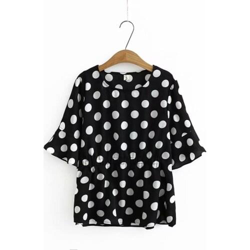 Plus size chiffon women summer t shirt 2021 ladies flare sleeve O-neck tee shirts femme black white green polka dot t-shirt