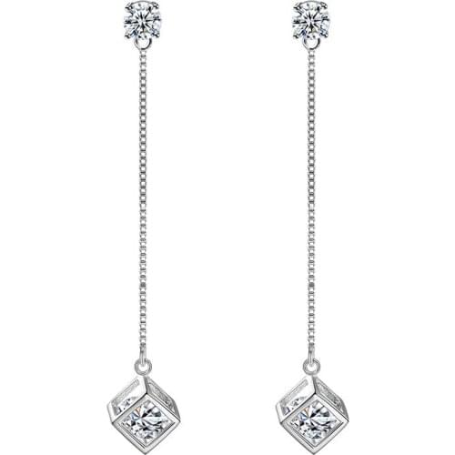 100% 925 sterling silver fashion shiny crystal square design long drop earrings for women jewelry wholesale birthday gift