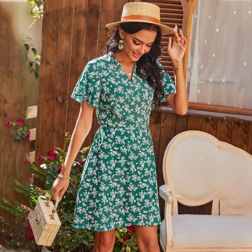 Women Floral Print Mini Dress V Neck Butterfly Short Sleeve A Line Dresses Ladies Casual Vintage Beach Bohemian Dress