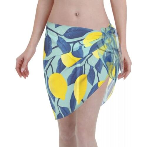 Women See-Through Beach Bikini Cover Up Wrap Scarf Swimwear Pareo Sarong Dress Tropical Lemons And Leaves Casual Beach Dress