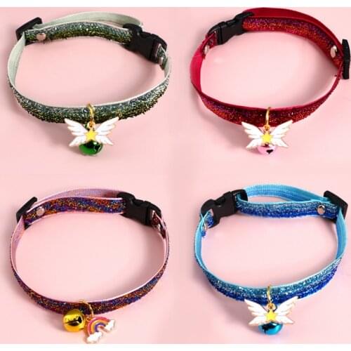 1PC New 4 Colors Kitten Cat Collar with Bell Cut Collars Pet Cat Adjustable Bell Gold Sequins Silk Rainbow Wings Pendant Collar