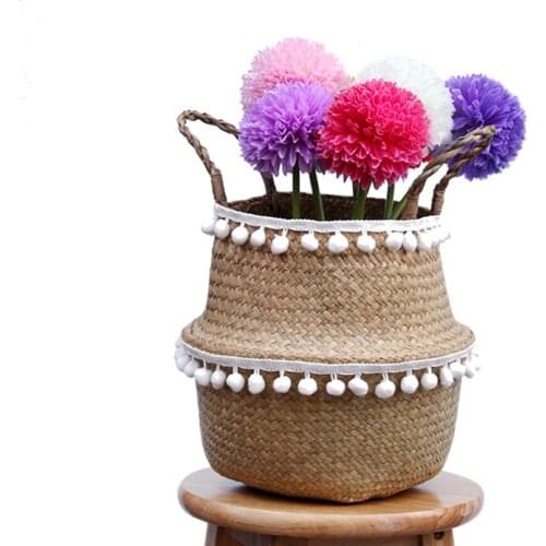 5 Sizes Handmade Woven Storage Baskets with White Beads Seagrass Wicker Basket Garden Flower Pot Laundry Container Toy Holder