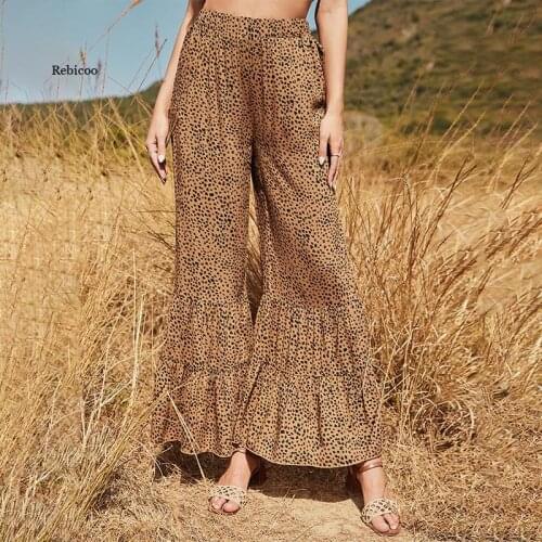Women Spring Summer New Fashion Leopard Flare Pants Casual Loose Wide Leg Pant Ladies Thin Trend Trousers