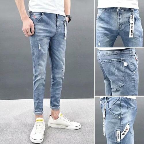 Denim Jeans mens brand 2021 summer new elastic slim feet Korean casual all-match ankle length teenager pencil pants
