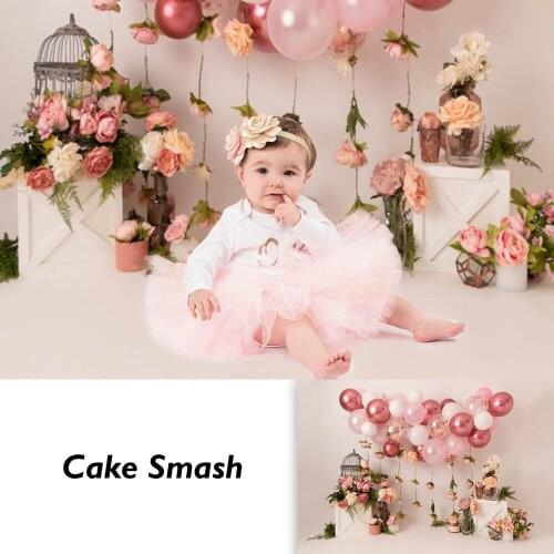 Floral Birthday Portrait Backdrop Newborn Children Cake Smash Spring Flowers Birdcage Photo Background Girl Party Balloons Props