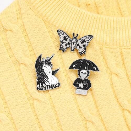 Custom Horse Umbrella Cry Skeleton Butterfly Punk Enamel Pin Brooch Bag Clothes Lapel Pin Gothic Badge Jewelry Gift for Friends
