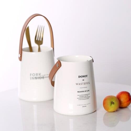 Ceramic Salad Bowl Fruit Plate with Leather Handle Fork Storage Container Tableware Storage Barrel Kitchen Decorative Trays