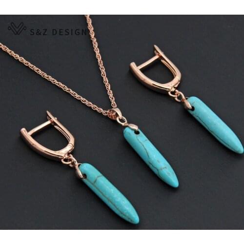 S&Z 2019 Fashion Simple Vintage Synthetic Turquoises Dangle Earrings Jewelry Set 585 Rose Gold For Women Girl Party Jewelry