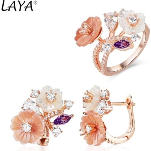 Laya 925 Sterling Silver High Quality Zircon Natural Shell Flower Clip Earrings Ring Sets For Women Fashion Jewelry 2021 Trend
