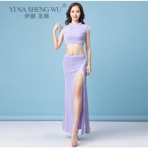 New Summer New Belly Dance Practice Clothes Cheongsam Style Sexy Show Dance Training Suit Sleeveless Top Long Split Skirt Dance