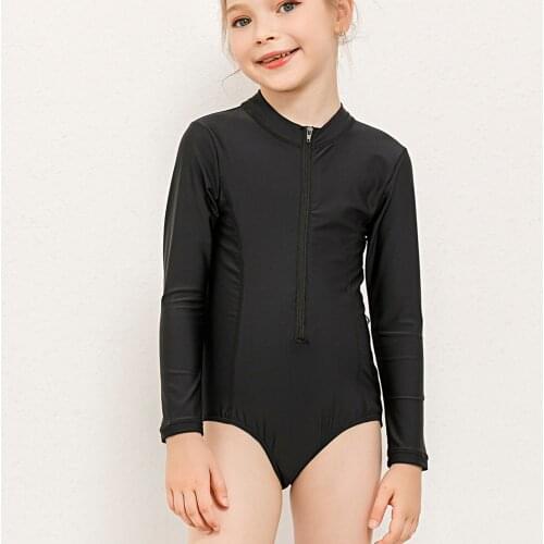 Summer Swimwear School Girls Long Sleeves Swimsuit Solid Black Rash Guards Infants Girl One-piece Surf wear Swimwears Jumpsuit