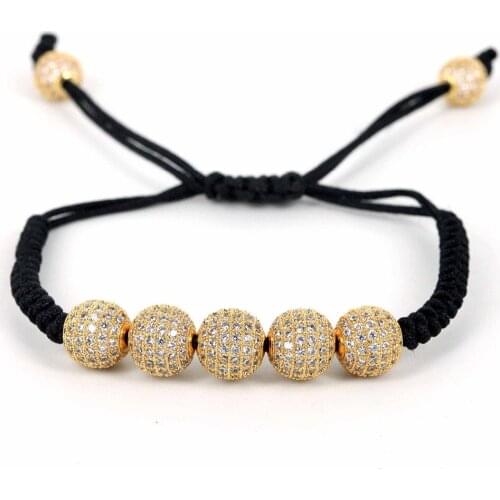 Famous Brand Men Bracelets 10mm Pave Setting Black CZ Beads & 24K Gold 8mm Round Beads Braiding Macrame Bracelet For Men