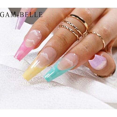 GAM-BELLE French Rainbow Color Tips False Nails French Extra Long Coffin Artificial Press On Nails Art Decoration Manicure Tool