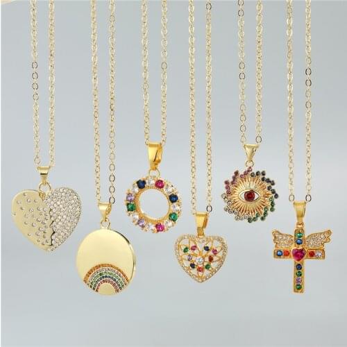 1PC Bohemia Colorful Zircon Hollow Round Heart Necklace For Women Evil Eye Heart Rainbow Round Cross Pendant Necklace Choker