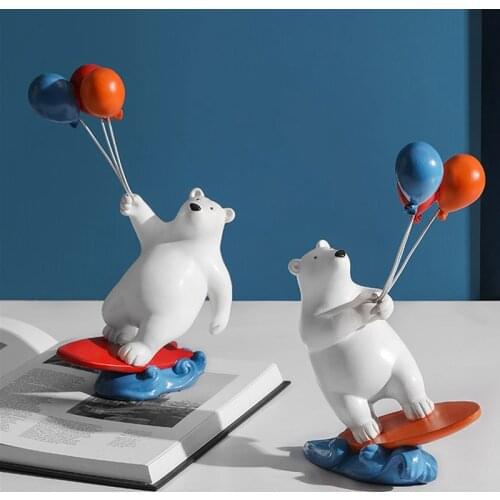 Resin Surfing Bear Figurines Balloon Polar Bears Statue Home Office Decoration Living Room Bedroom Desktop Ornament