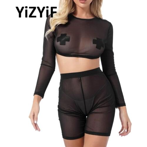 Sheer Mesh Exotic Sets Womens See-through Longsleeve Crop Tops and Shorts Sexy Club Party Pole Dance Outfits