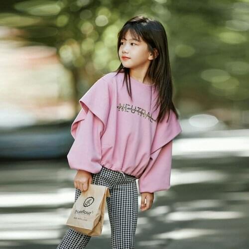 8 10 years Girls Ruffles Sleeve Pink Tops 2021 Autumn New Fashion Sweet Loose Cotton Sweatshirt Teen Girls Clothes