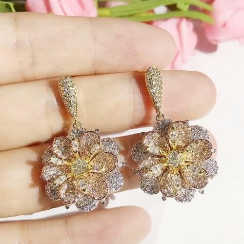 Luxury Leaf Drop Flower Full Micro Cubic Zirconia Paved Wedding Party Drop Earring Fashion Jewelry for Women