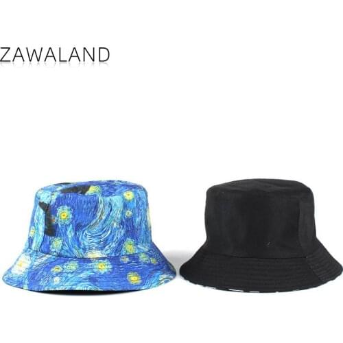 Zawaland Couple Starry Sky Oil Painting Graffiti Fisherman Hat Double-Sided Summer Sunscreen Casual Caps Printing Bucket Hats