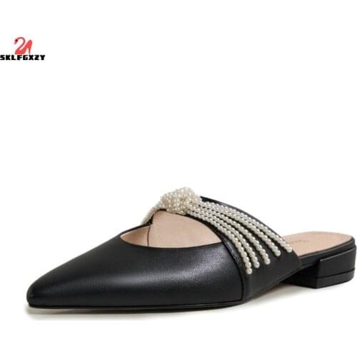 SKLFGXZY New Women Slippers Summer Low Heels Shoes Woman Genuine Leather Woman Sandals Open Toe Ladies Slippers