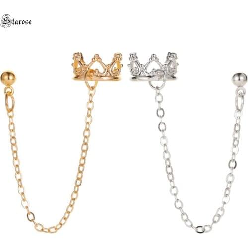 Starose 1pc Gold Color Crown Long Tassel Earrings for Women Clip Earring Studs Fake Piercing Helix Piercing Ear Cuff Earrings