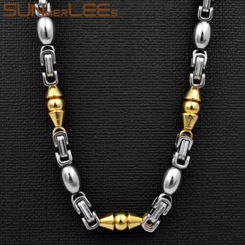 SUNNERLEES Jewelry Stainless Steel Necklace 6mm Geometric Byzantine Link Chain Silver Color Gold Plated Men Women SC69 N